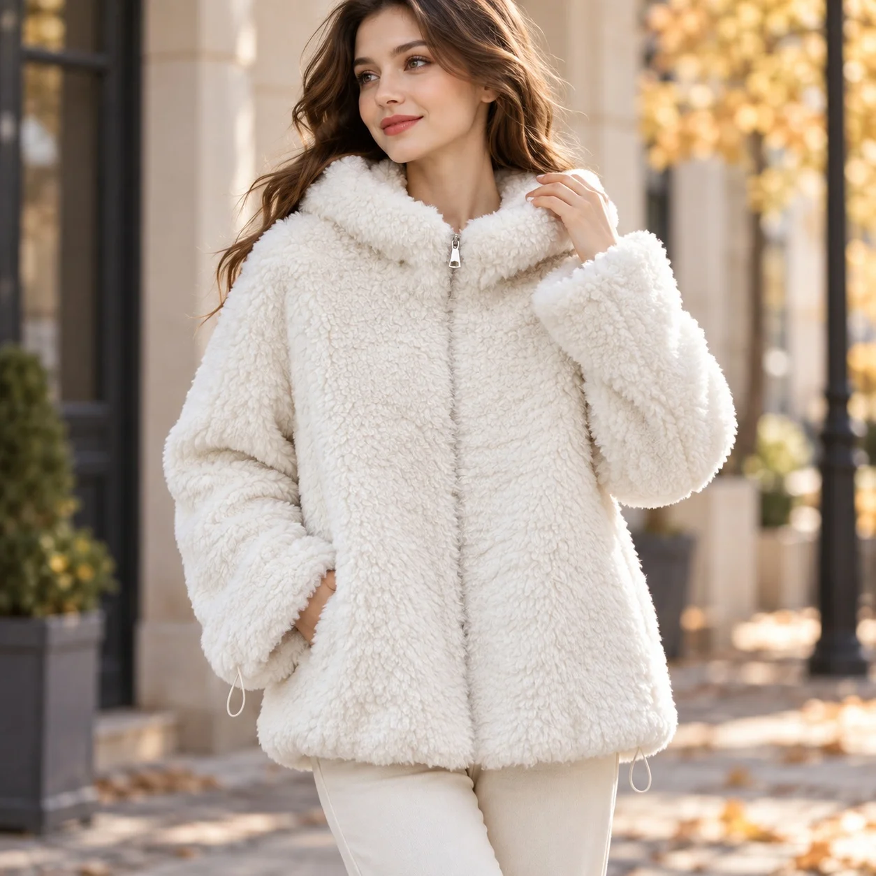 Hooded Pockets Coat Loose Fit Sweet and Fresh with Casual Mid Long Length Autumn Long Sleeve Flared Cuff No Hood Women Coat