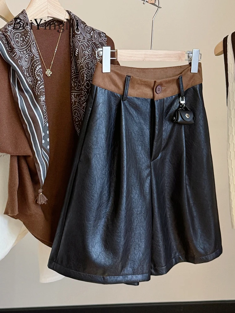 Beiyingni Vintage Commute PU Leather Shorts Women 2026 Winter Fashion Casual Elegant Pants Female Black Loose High Waist Shorts