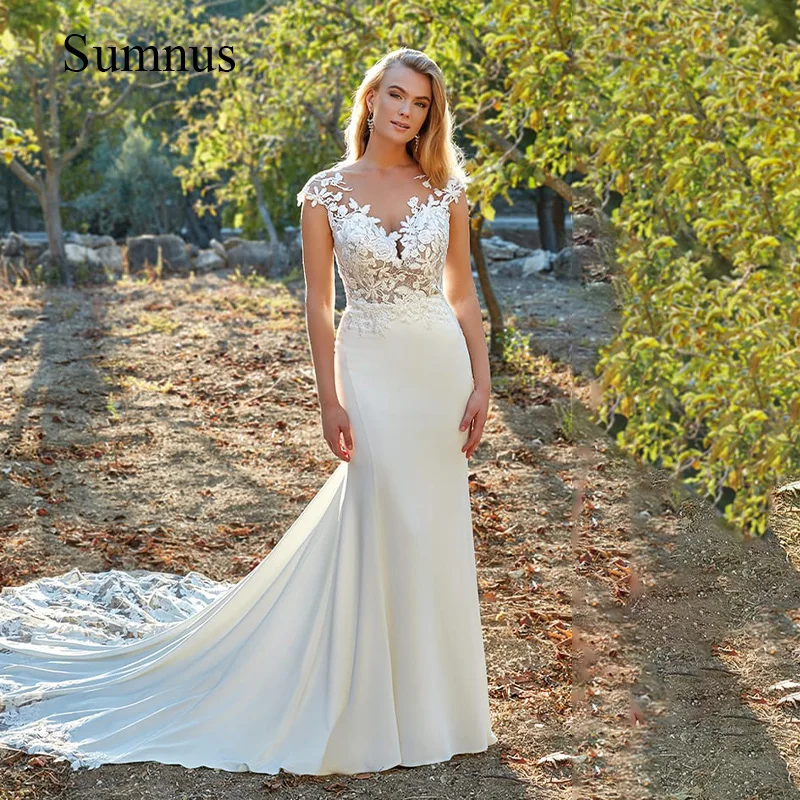 Sumnus laço apliques vestido de casamento boné manga voltar botão v-enck vestidos de noiva elegante longo trem vestidos de casamento feito sob encomenda