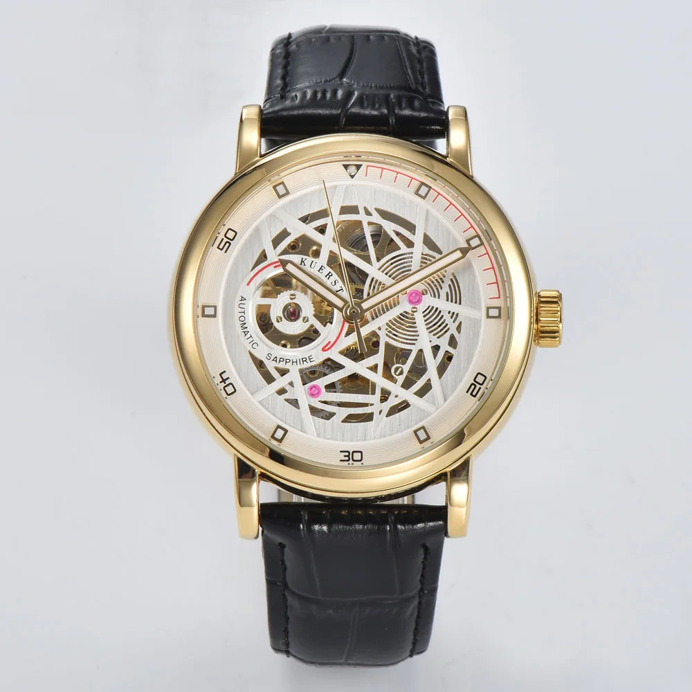 

Top Brand Silver Gold Skeleton Vintage Leather Strap Sport Wristwatch Round Hollow Out Men Automatic Mechanical Watch