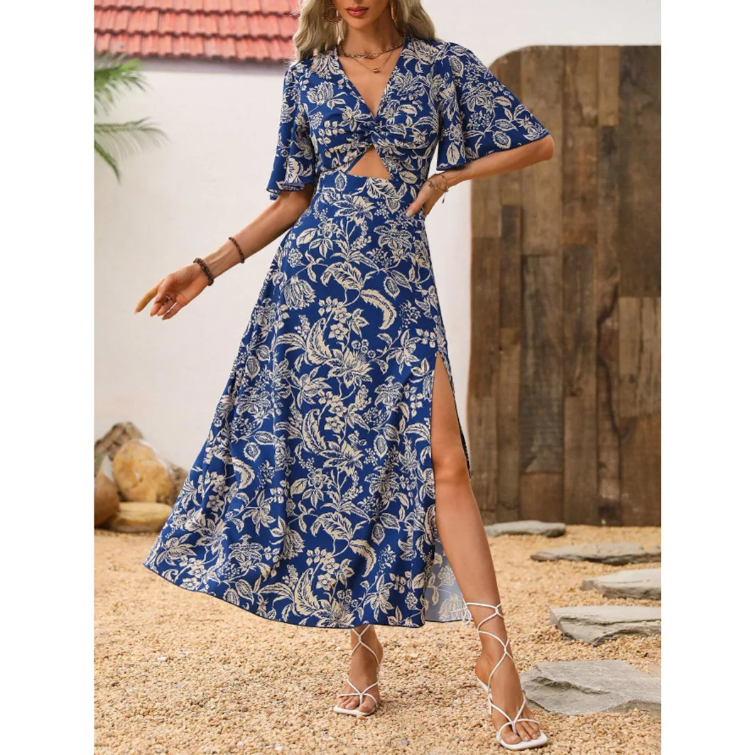 

2025 New Amazon European And American French Kink Front Floral Printed Side Slit Dress