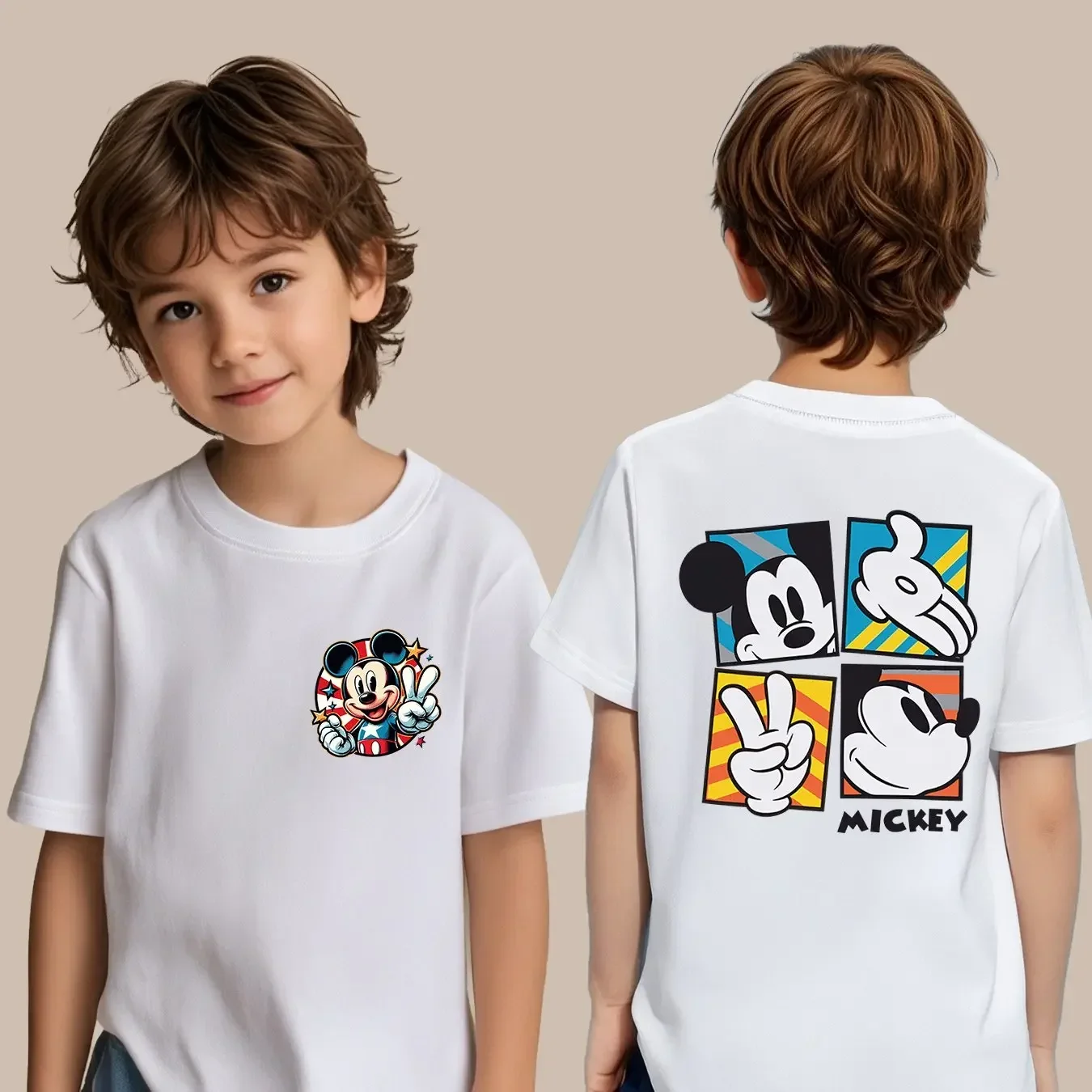 Camiseta Retro de Mickey Mouse con Estampado de Doble Cara, Diseño de Signo de Paz, Vintage a Rayas, Manga Corta para Niños