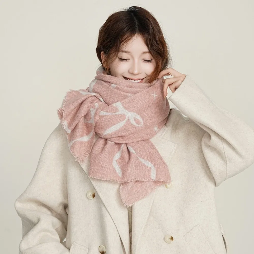 

Шерстяной шарф с бантом и темпераментным принтом, холодостойкие теплые зимние кашемировые шарфы, длинные утолщенные женские кашемировые шаль, аксессуары для пальто