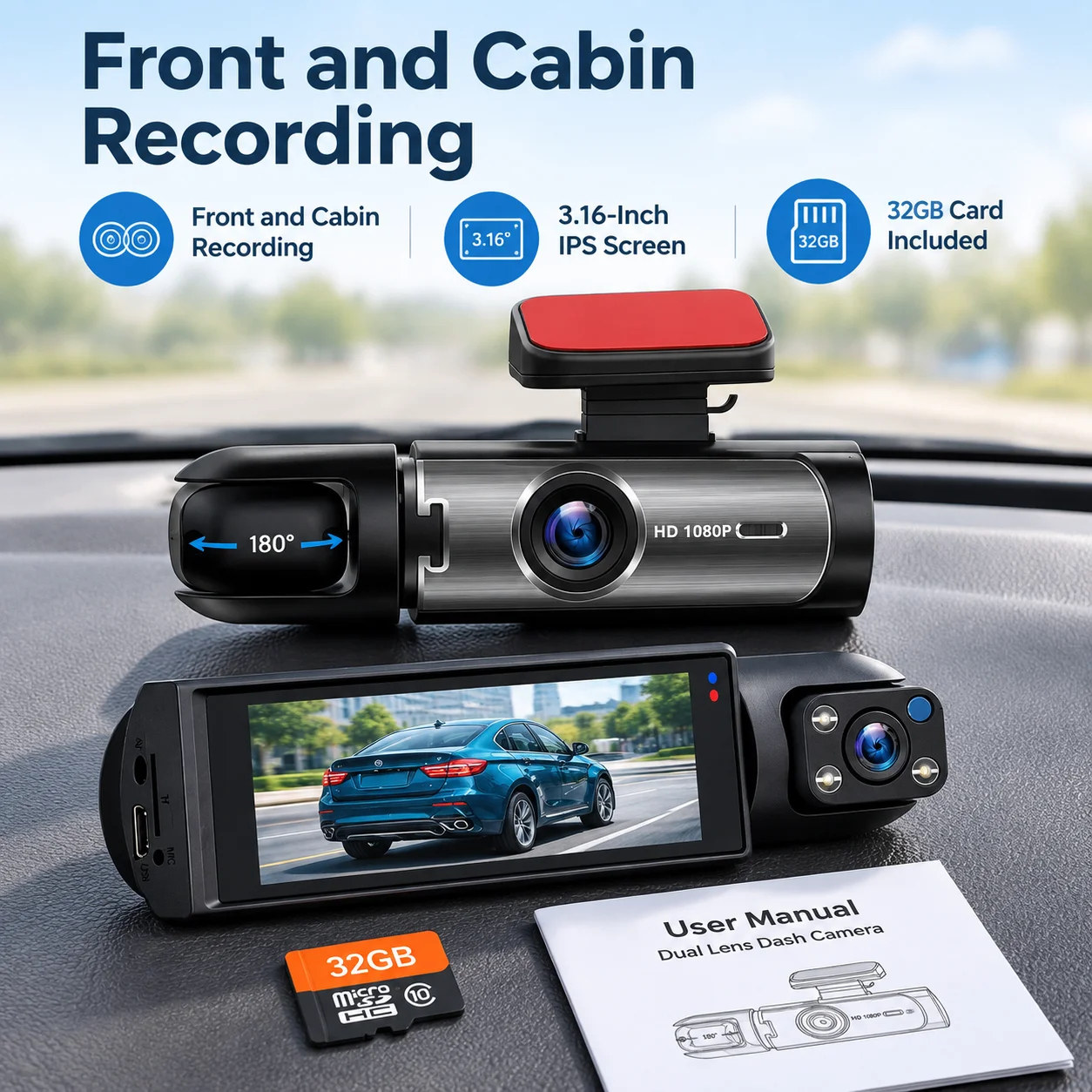 1080P Front and Cabin Dash Camera, Dual-Lens Car Recorder, 3.16-Inch IPS Screen, IR Night Vision, G Sensor, Loop Recording, 150-Degree Lens Angle, 12V Input, 32GB Memory Card Included, for Interior Windshield Installation