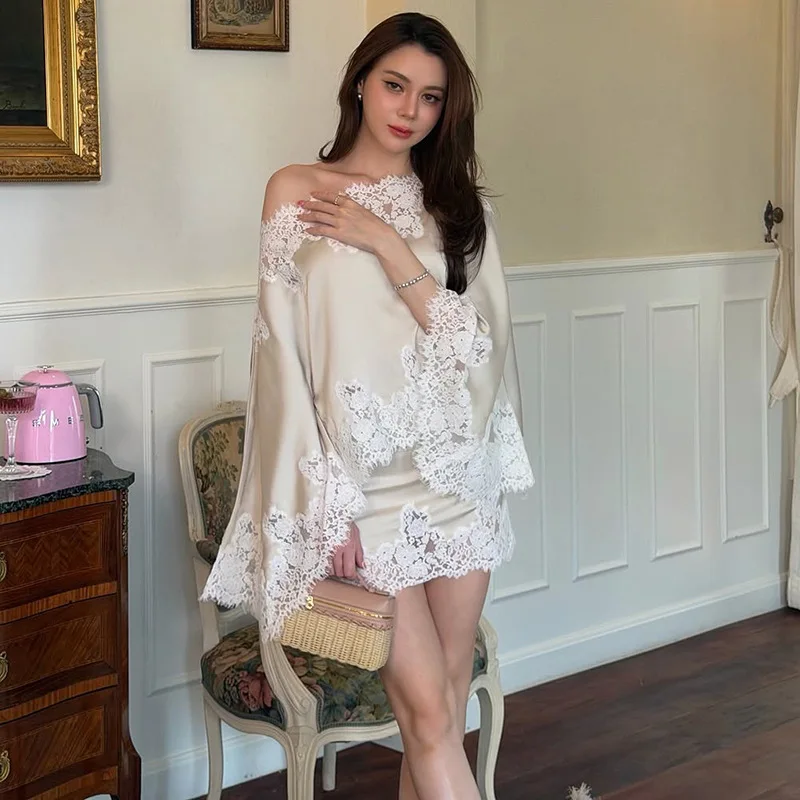 Lace Patchwork Silky 2 Piece Set Women Sexy Inclined Shoulder Shawl Tops + Bodycon Mini Skirts Vacation Party Outfits Suits