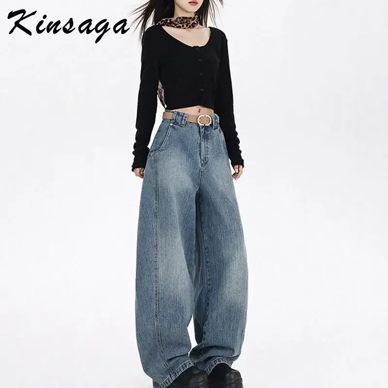 Women Y2K Extra Long Wide Baggy Jeans Streetwear Boyfriend High-rise Barrel Leg Jean American Tide Brand Cleanfit Denim Trousers