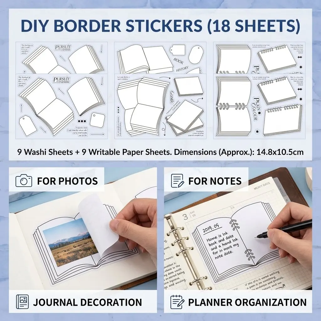 Journal Border Stickers Adhesive Paper Decorative Frame Labels Pre Cut Film for Scrapbooking Planner Notebook DIY Crafts