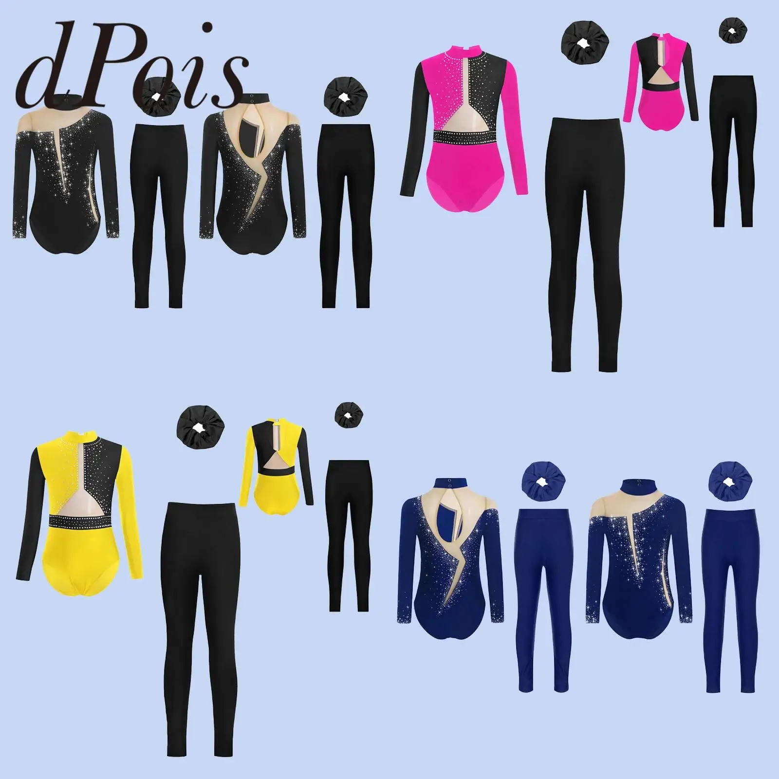 Kids Girls Gymnastics Leotard + Leggings Figure Skating Jumpsuits Dance Outfit Keyhole Back Patchwork Rhinestones 3Pcs/Set