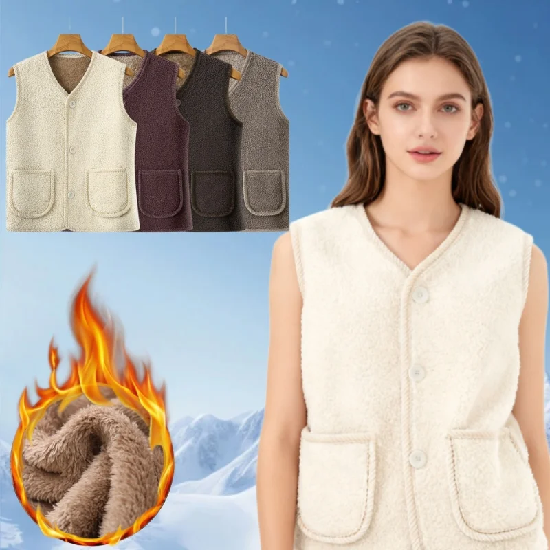 

Thermal Fleece Jacket for Women Winter Thickened Plush Vest Coat Outdoor Warm Sleeveless Jacket Plus Size Casual Outerwear