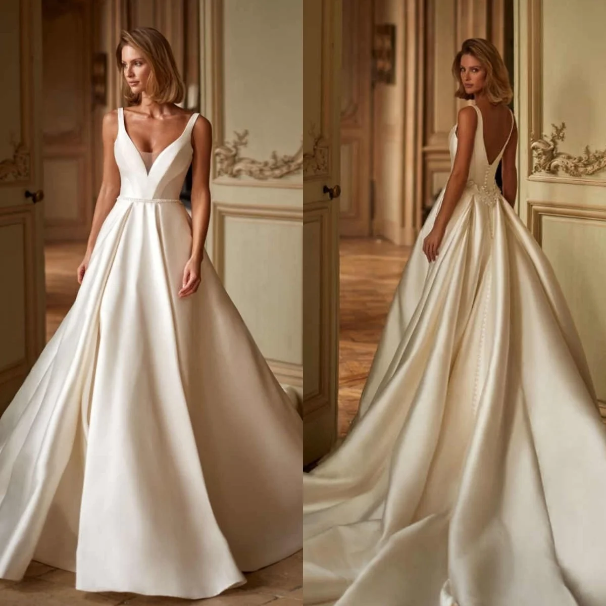 تخصيص الأبيض الساتان السباغيتي الأشرطة فستان زفاف بسيط مزاجه ألف خط حفل زفاف كلاسيكي الخامس الرقبة فيستدو دي نوفيا #3