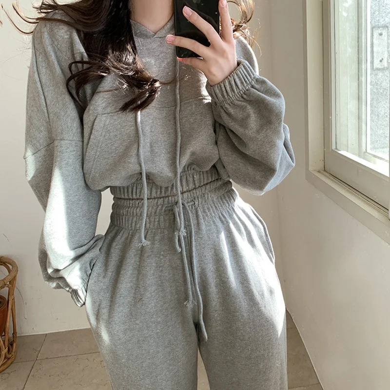 Chic Versatile Long Sleeve Hoodie Sweatshirt High Waist Drawstring Trousers Sportswear Set Women's Autumn Winter Collection