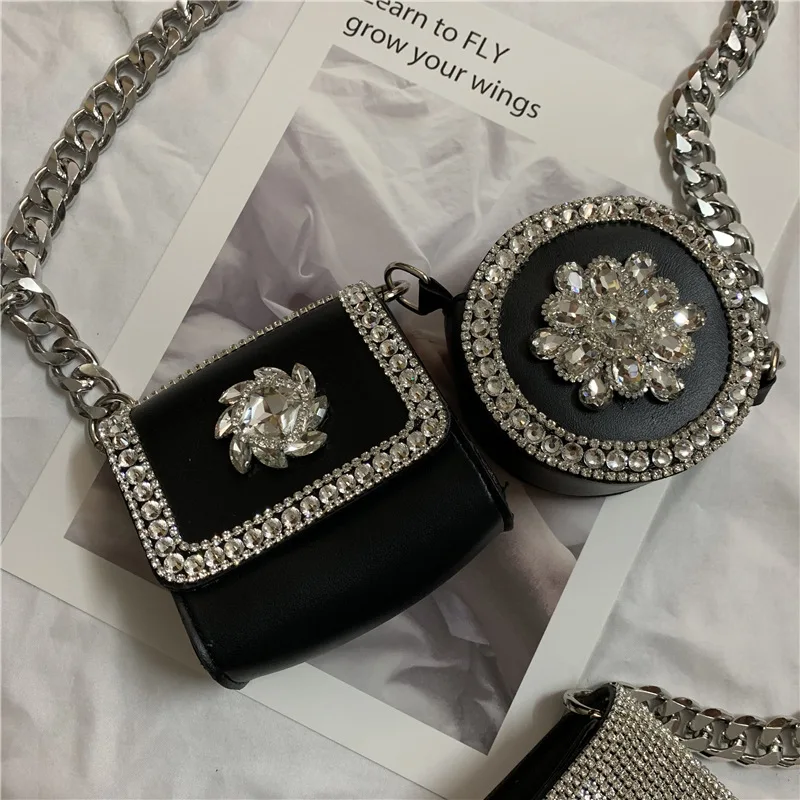 2 Piece Diamond Studded Shoulder Bags for Women Mini PU Crossbody Bag Decorate Chain Chest Bag Designer Handbag Luxury Coin Bag