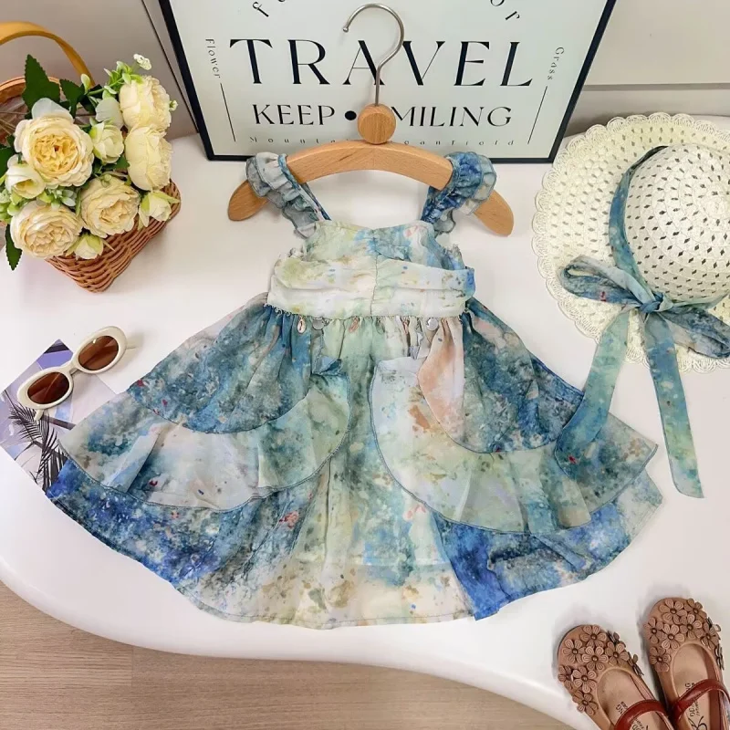 

Girls Dress Summer New2025French Style Spaghetti Strap Dress for Baby Girls Holiday Princess Dress Wholesale
