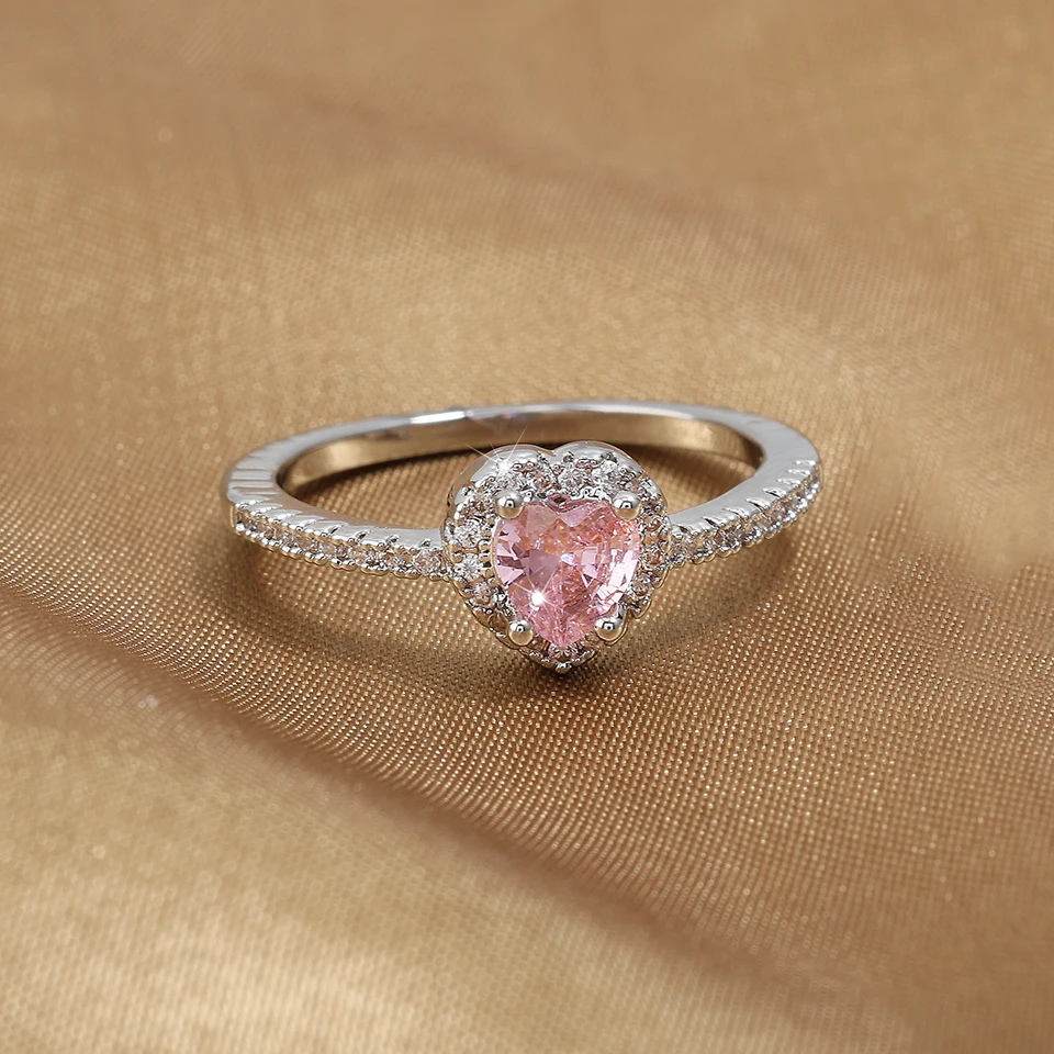 ZAKOL 2-teiliges Set Rosa-Weißes Herzförmiges Strass-Halsketten-Ring-Set Glänzender Zirkon Süßer Romantischer Schmuck Geschenk für Frauen Mädchen – Detail 10