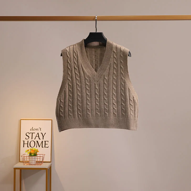 Spring Autumn Cable Knit Short Vest Women Sleeveless Cropped Sweater Tank Top Yellow Beige White Khaki Green Cover-Up Top