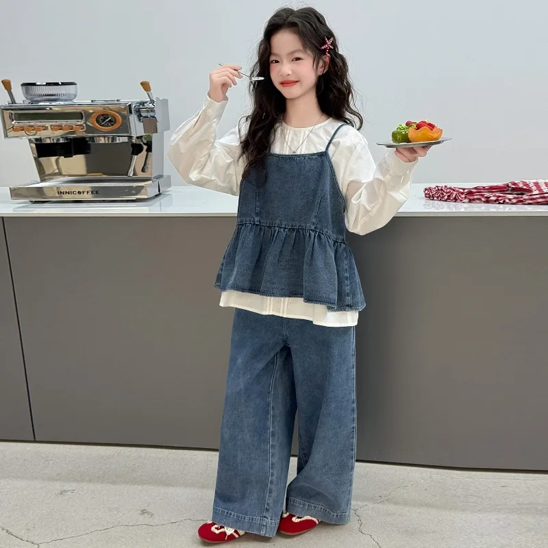 Children Clothes Girls Spring Autumn 2026 Long Sleeve Shirt with Spaghetti Strap Denim Top and Wide Leg Jeans Three Piece Set