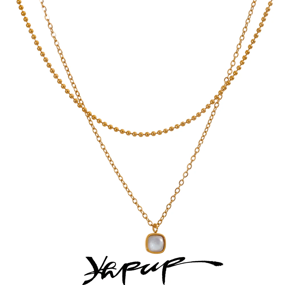 Yhpup Mode Edelstahl Layered Kette Overlay Naturstein Exquisite Quadratische Anhänger Halskette Rostfrei Schmuck Geschenk