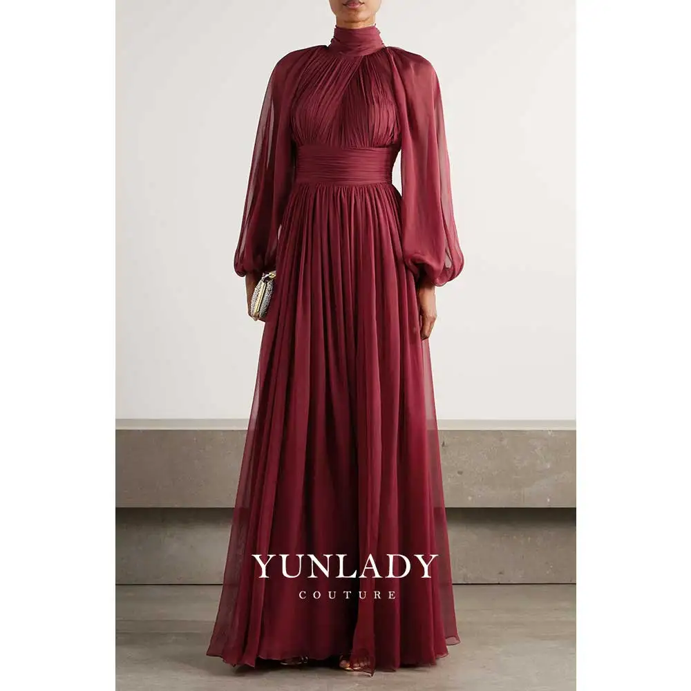 

YUNLAN Customized Luxury Burgundy Silk Maxi Evening Gown, 2026 Dubai Women's Special Occasion High-Neck Formal A-line Dress