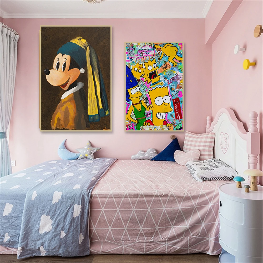 Mickey Mouse with a Pearl Earring And Simpson Graffiti Canvas  Wall Art Poster home Decor Wall Decoration Gift Office Livingroo