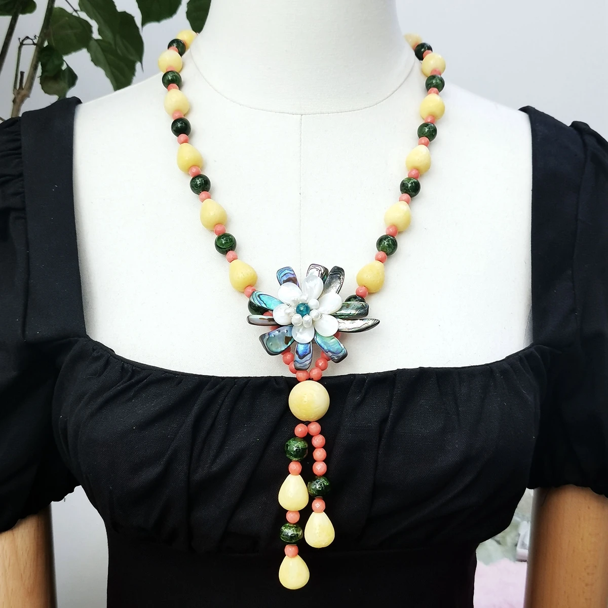 

Lii Ji Mutil Color Women Necklace 65cm Coral Abalone Shell Pendant Tassels Jewelry Gift