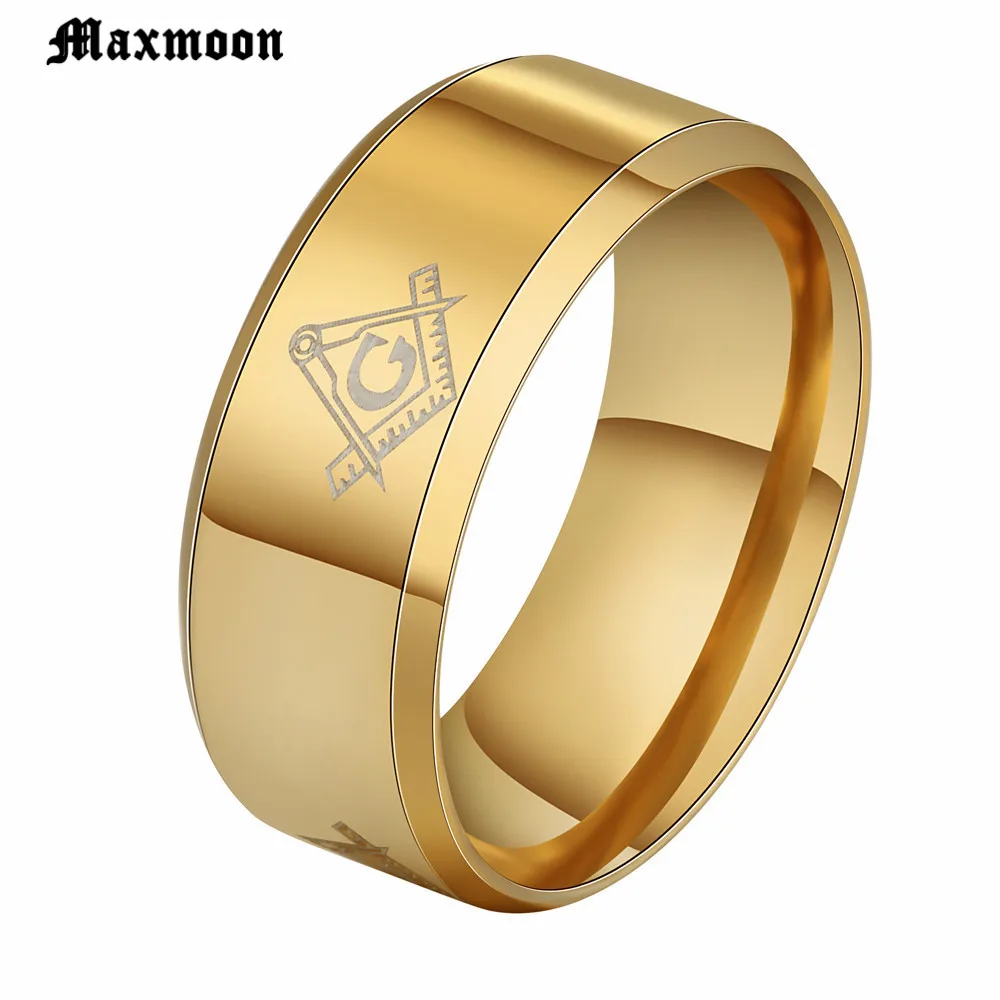 Maxmoon Hot 8mm Brushed Gold-Color Masonic Stainless Steel Titanium Band Men Ring Cool Black Freemason Male Rings