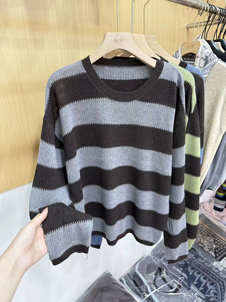 WHTREND Sweter damski w paski z dzianiny, okrągły dekolt, długie rękawy, blok kolorów, luźny, elegancki pulower, modny, jesień-zima, nowy WH1622