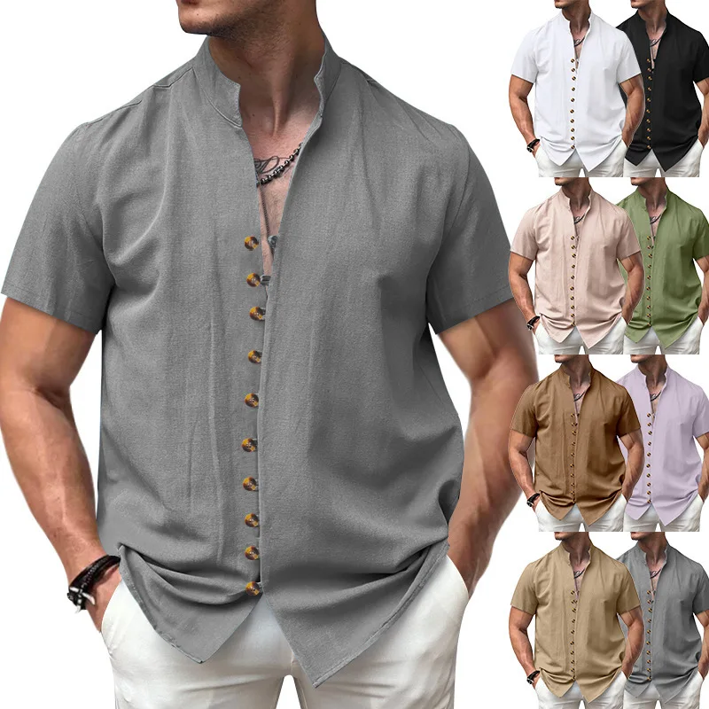 

Vintage Linen Button Stand Men's T-irt 2025temu Special Wide Fit Thiened Fce Autumn Collar Nine Sve Length
