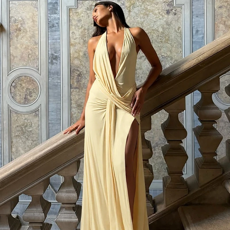 

TARUXY Deep V Neck Ruched Dress Women Fashion Backless Irregular Sleeveless High Waist Slit Sexy Party Dress Summer New Clothing