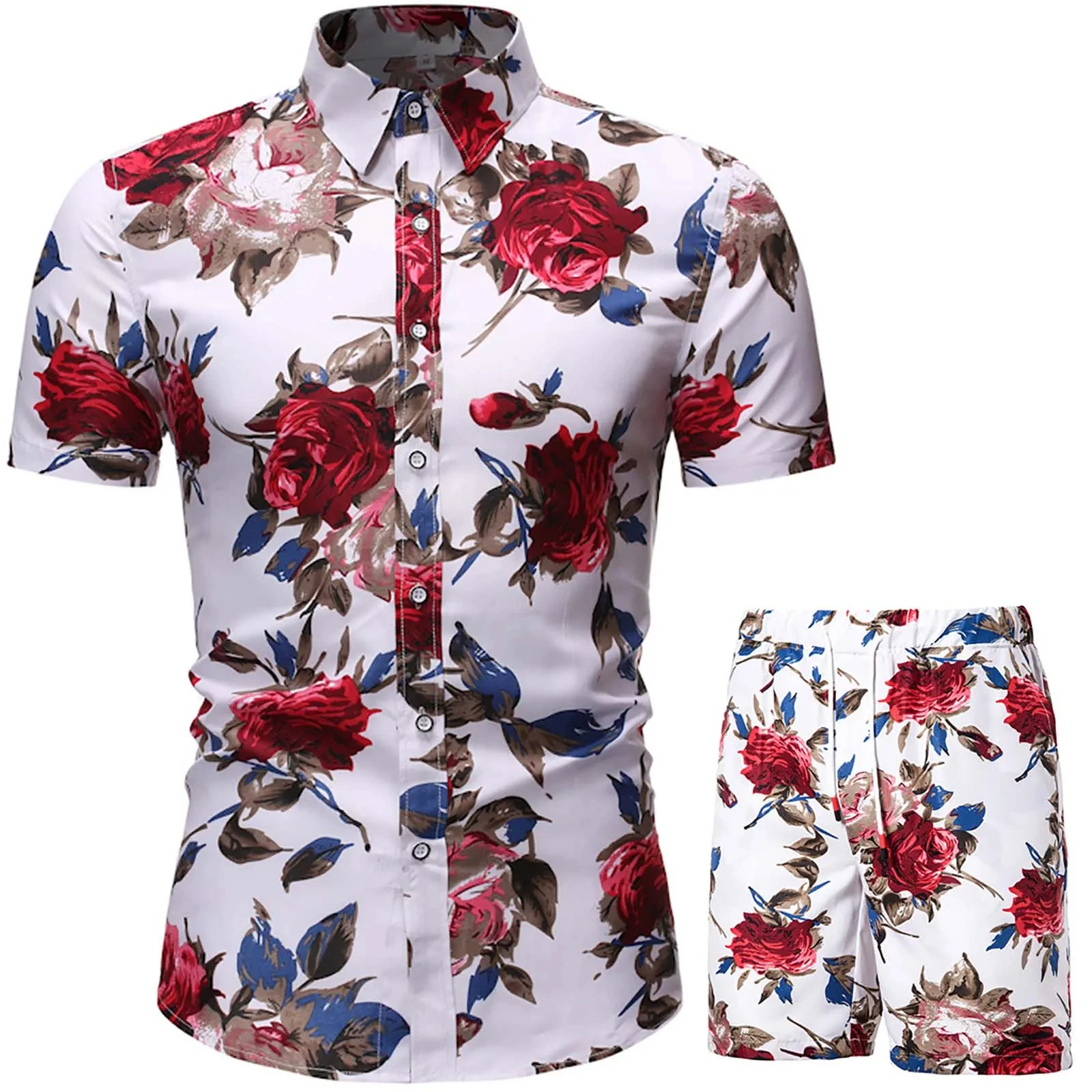 Men's And Women's Hawaiian Shirt Set Rose 3D Printed Button-down Shirt And Shorts Stylish Casual Vacation 2 Piece Suit Set