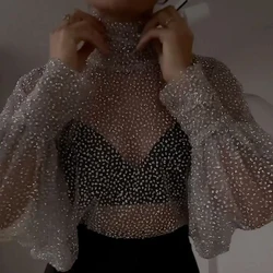 Chemisier à col roulé à paillettes pour femme, haut en dentelle transparente, manches lanterne, élégant, brillant, fête, bureau, printemps, été, 2024