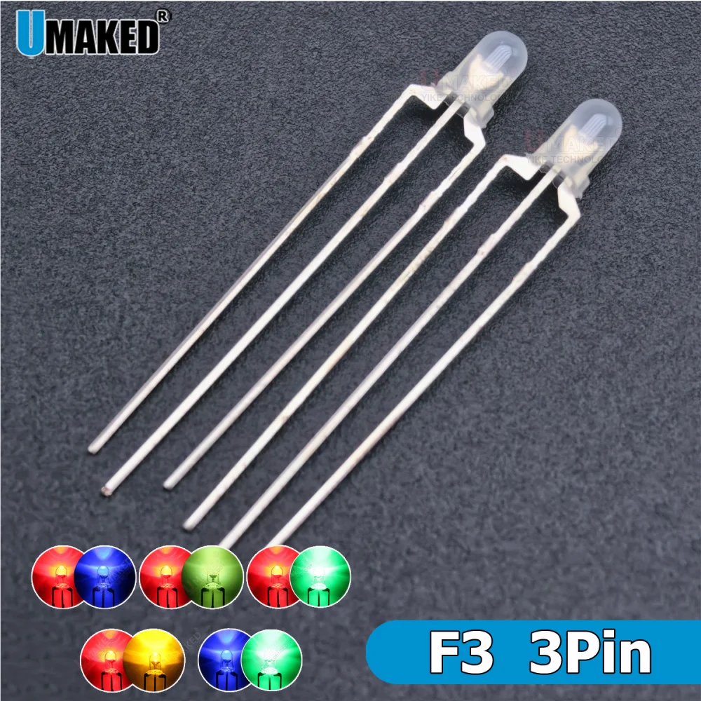 1000pcs 3mm 3Pins dual Color Anode/Cathode led chips bead clear/foggy Len white-Red/Blue/Yellow/Green Bi-Color Diodes Light/lamp