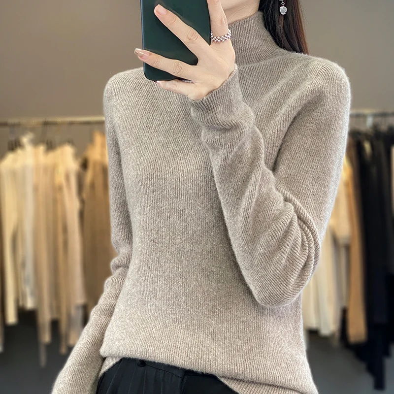 Slim-Fit Pullover 100%Pure Wool Sweater Women 2024Autumn/Winter High Stretch Women Long Sleeve Half High Neck Close-Fitting Warm