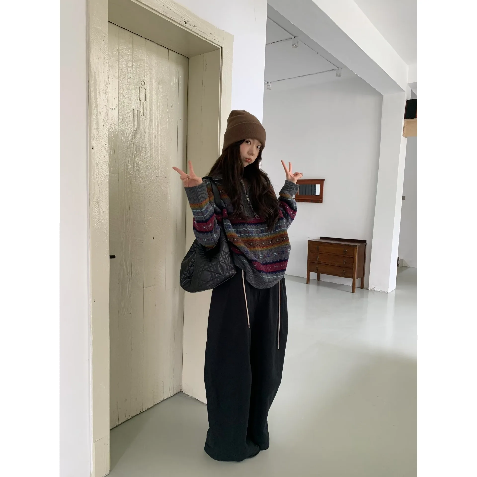 الكورية Sle عالية الياقة سترة المرأة فضفاضة كسول محبوك f سستة الخريف الشتاء جديد Faion شبكة سترة للسيدات #4