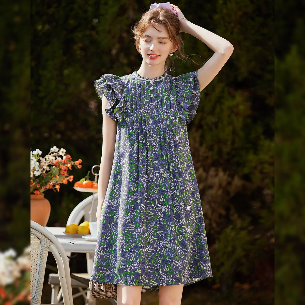 Louis yao vestido estampado de manga voadora, camada dupla, moda verão 2021, gola redonda, corrente decorativa, saia floral feminina