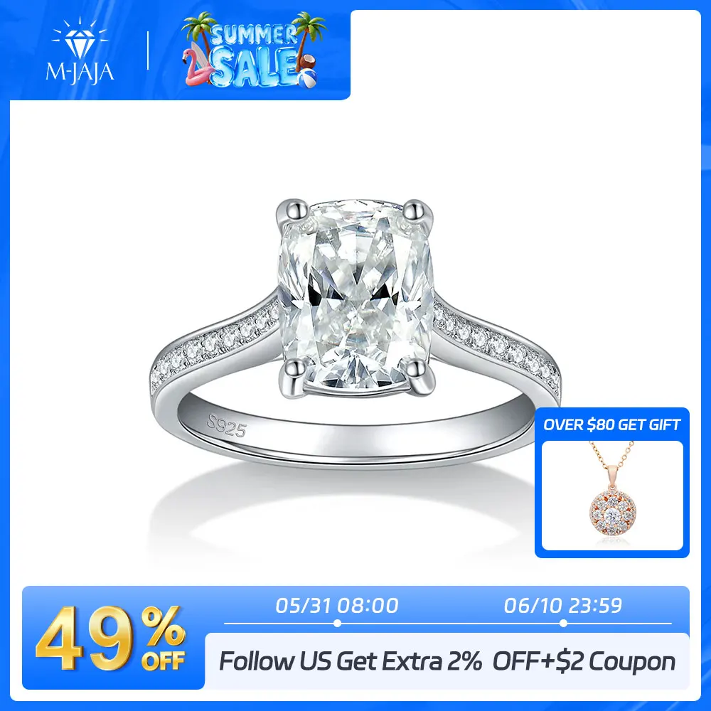 

M-JAJA Moissanite Engagement Ring Women 3ct Cushion Cut 925 Sterling Silver Diamond Rings with Hidden Halo Wedding Band Jewelry