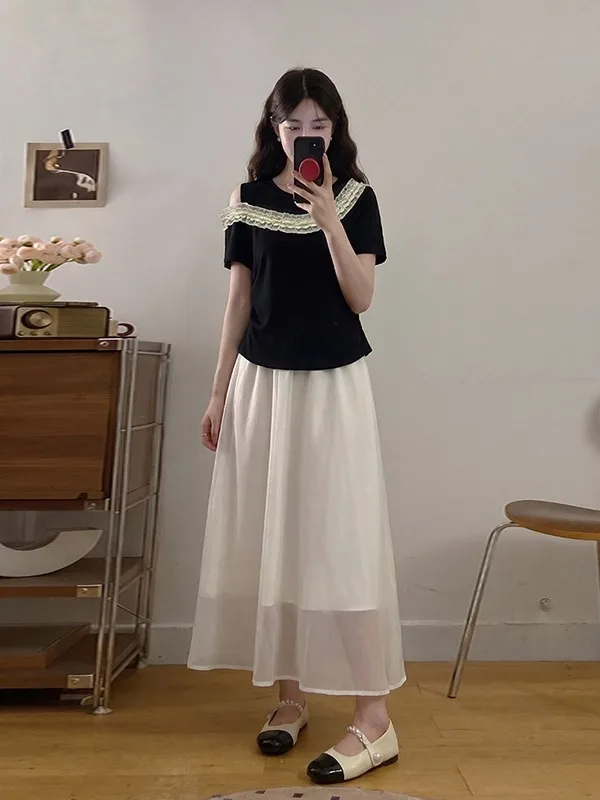 

plus Size Women's Summer T-Shirt And Skirt Set High Waist Slim Fit Short Sleeve Color Block Shoulder Baring Outfit Korean Style
