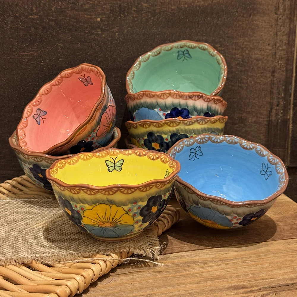 

Vibrant Hand Painted Floral Ceramic Bowl Irregular Shape Rice Bowl Bohemian Style Dish Creative Design Stoneware Home Tableware