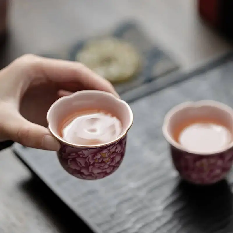 Pink Ru Kiln Peony Flower Mouth Cup Household Ceramic Tea Cup Master Cup Women's Special Tea Cup Open Slice Can Be Nurtured