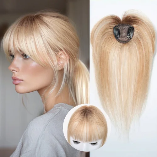 Imagen 1 del producto Clip de cabello humano Rubio marrón ombré de 10 pulgadas en flequillo postizo en forma de corazón flequillo fino para mujeres extensiones de cabello humano 100%
