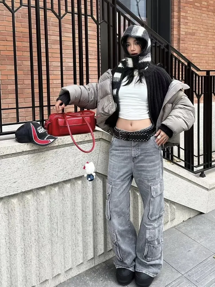 yproject heavy industry washed old tooling, multi-pocket cargo wide-leg straight jeans