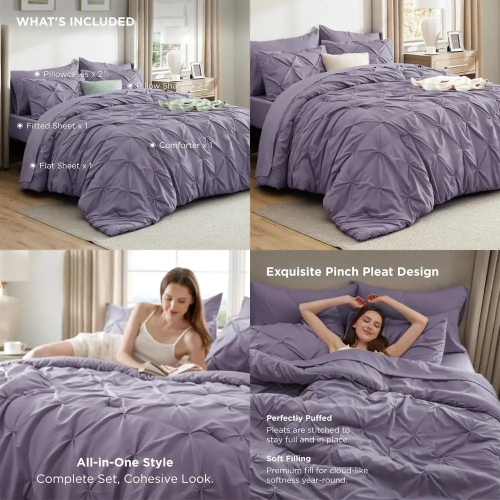 

Комплект постельного белья Queen Size - 7 предметов: стеганое одеяло с серыми плиссированными простынями, наволочками и декоративными наволочками.