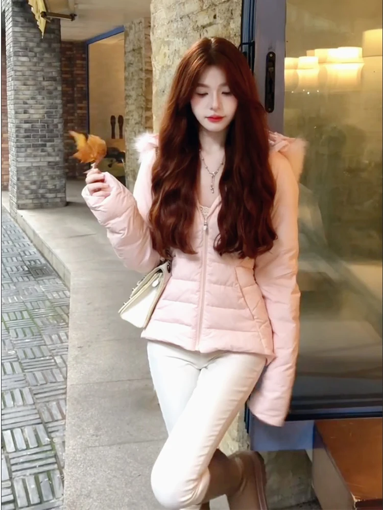 Damen Thiened White Du Down Jaet-Mantel mit Pelzkragen, tailliertem, wärmendem Brotmantel, Reißverschluss-Design