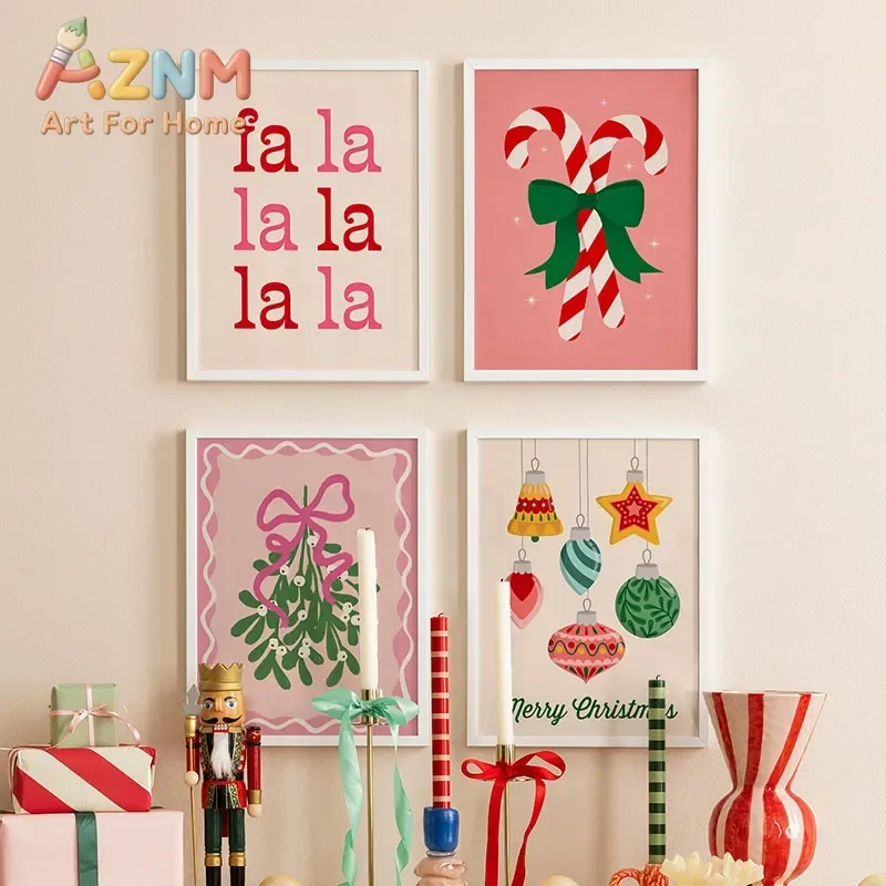 AZNM Cute Christmas Cartoon Canvas Wall Art, Llama Gingerbread Man Polar Bear Penguin Print, Xmas Holiday Poster, Unframed Canva