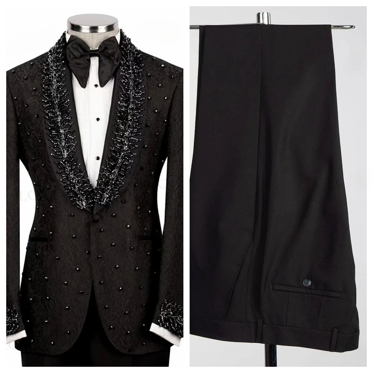 

Men's Suits 2 Pieces High Quality Lapel One Button Pearls Diamonds Custom Slim Fit Formal Ball Party Wedding