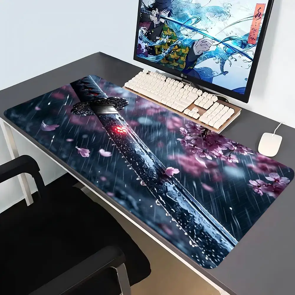 Gaming Mouse Pad Japanese Katana Sakura Large Desk Mat Non Slip Rubber Lock Edge Extended Keyboard Computer Laptop Office Table