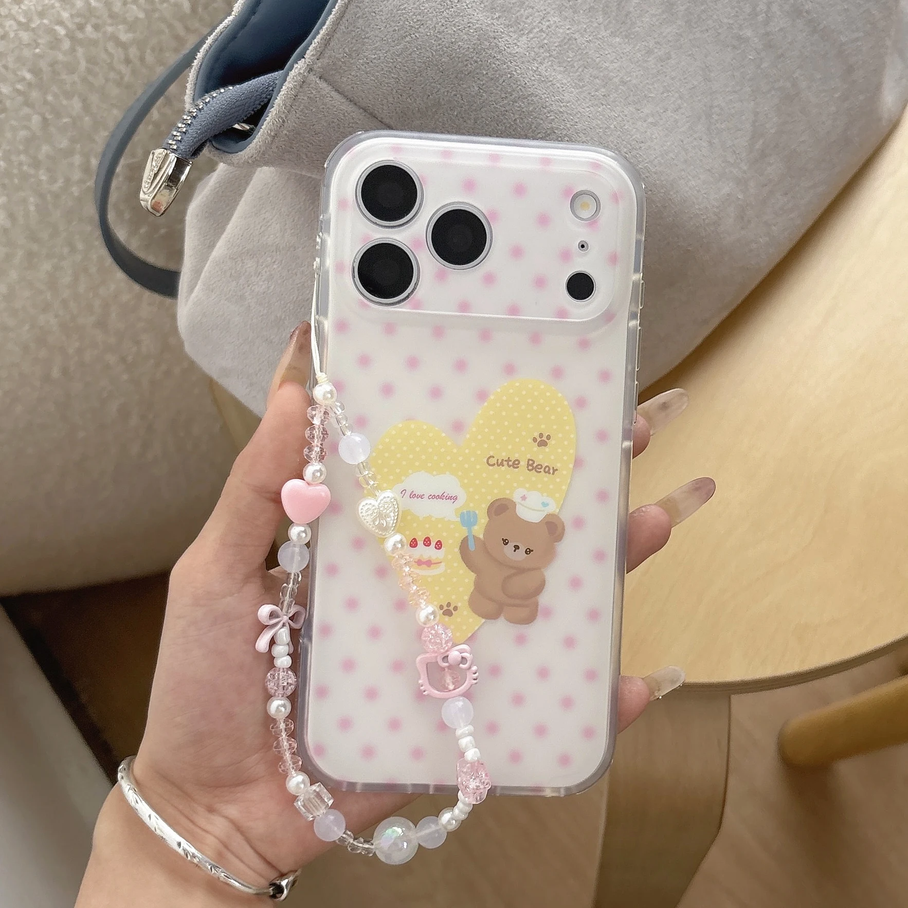 Cartoon Simple Bear Polka Dot Pattern Pink White Shockproof Protective Cover Case For iPhone 17 16 15 Pro Max with Lanyard - view 2