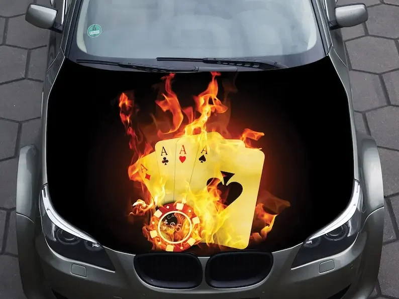 

Car hood wrap decal, vinyl, sticker, graphic, truck decal, truck graphic, bonnet wrap decal, skull, f150, four aces, poker, fire