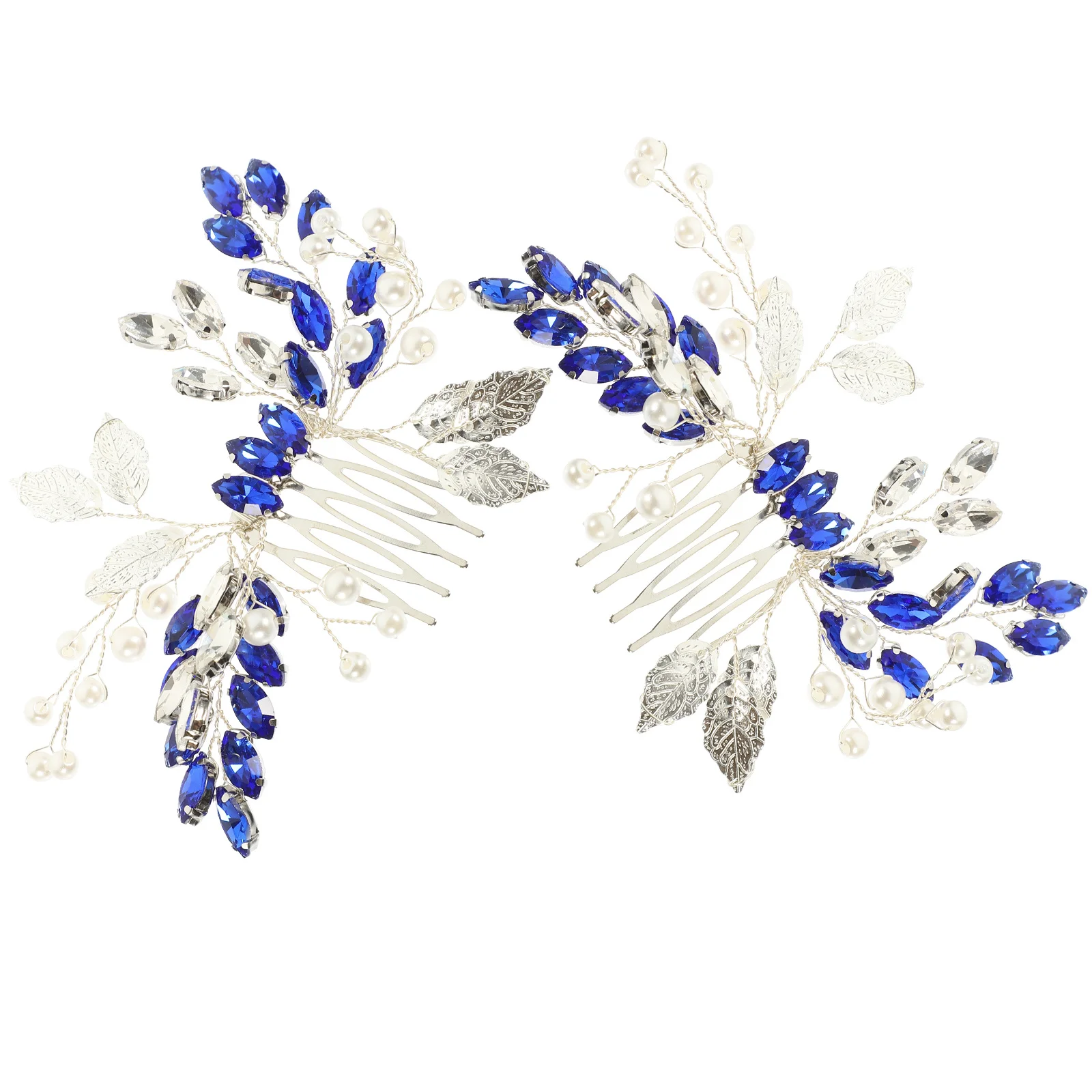 2 pcs Blue Rhinestone Leaf Hair Comb Bridal Wedding Side Comb For Women Crystal Bride Accessories Metal Hair Styling Tool