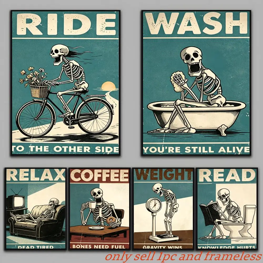 Funny Skeleton Canvas Poster, Retro Ride Wash Relax Coffee Weight Read Wall Art, Frameless Print for Bedroom Gym Decor Gift