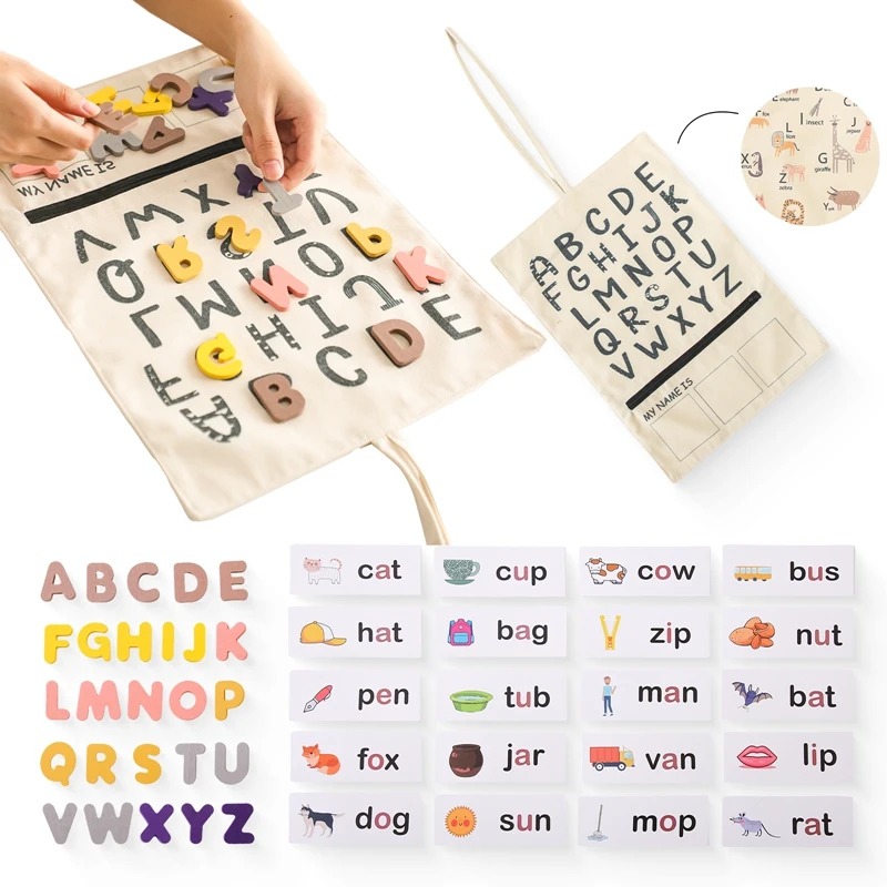 Alphabet Recognition Card Canvas Bag Set Montessori Educational Toys ABC Words Card Early Education Set Canvas Storage Bag Toys